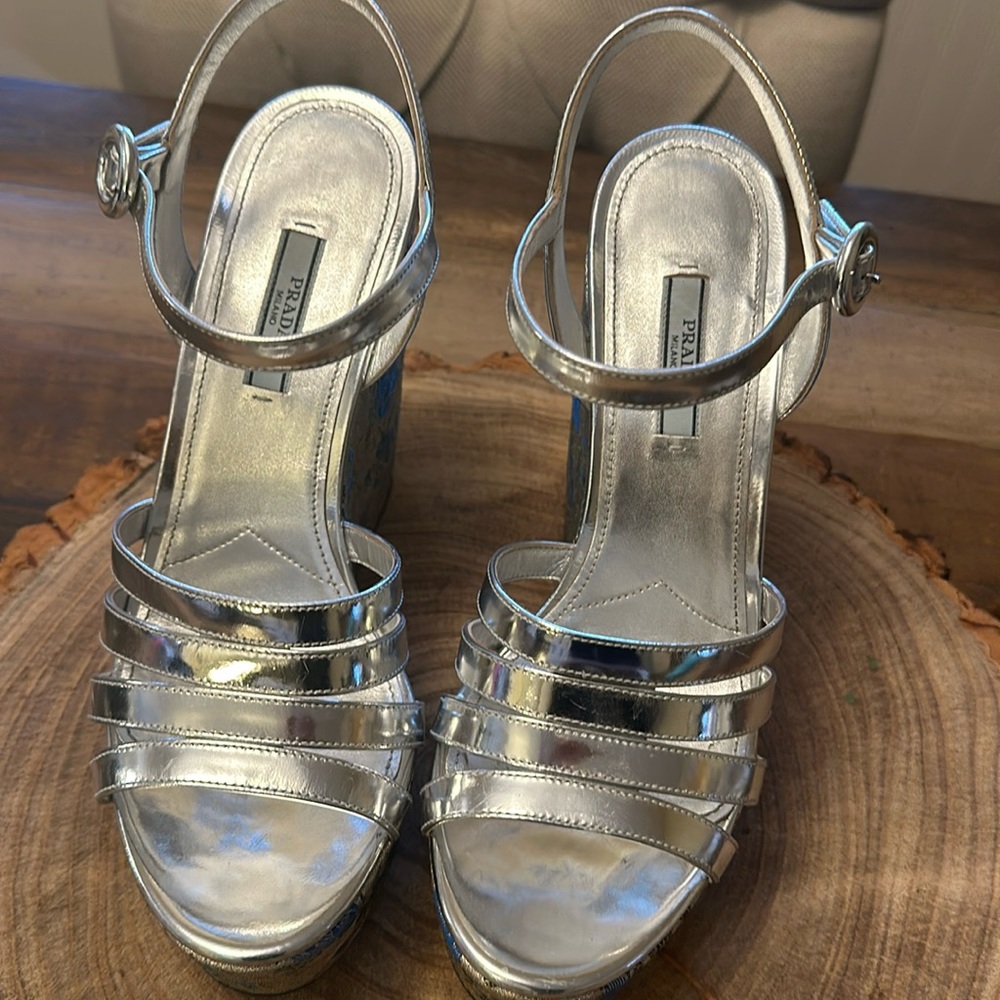 Prada platform sandals with floral fabric.